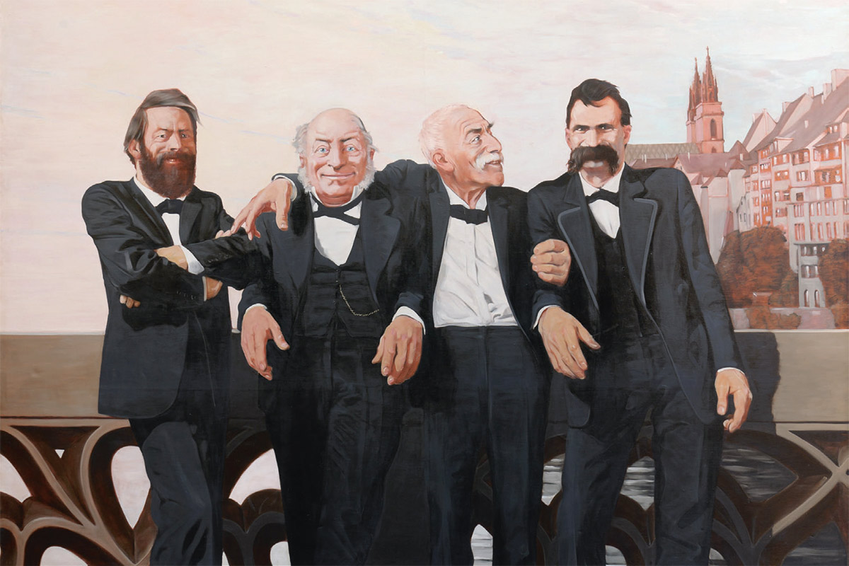 Nietzsche in Basel Johannes Grützke Böcklin, Bachofen, Burckhardt und Nietzsche auf der mittleren Rheinbrücke in Basel, 1970