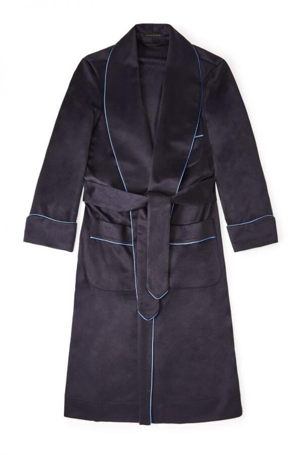 New and Lingwood Navy & Blue Unlined Cashmere Dressing Gown
