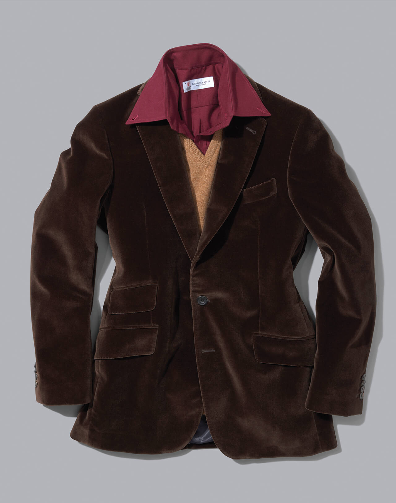 Turnbull & Asser ‘Weekend Fit’ Burgundy Cashmere Cotton Two-Pocket Shirt, Malloch’s V-Neck Lambswool Jumper, Turnbull & Asser Single Breasted Velvet Jacket