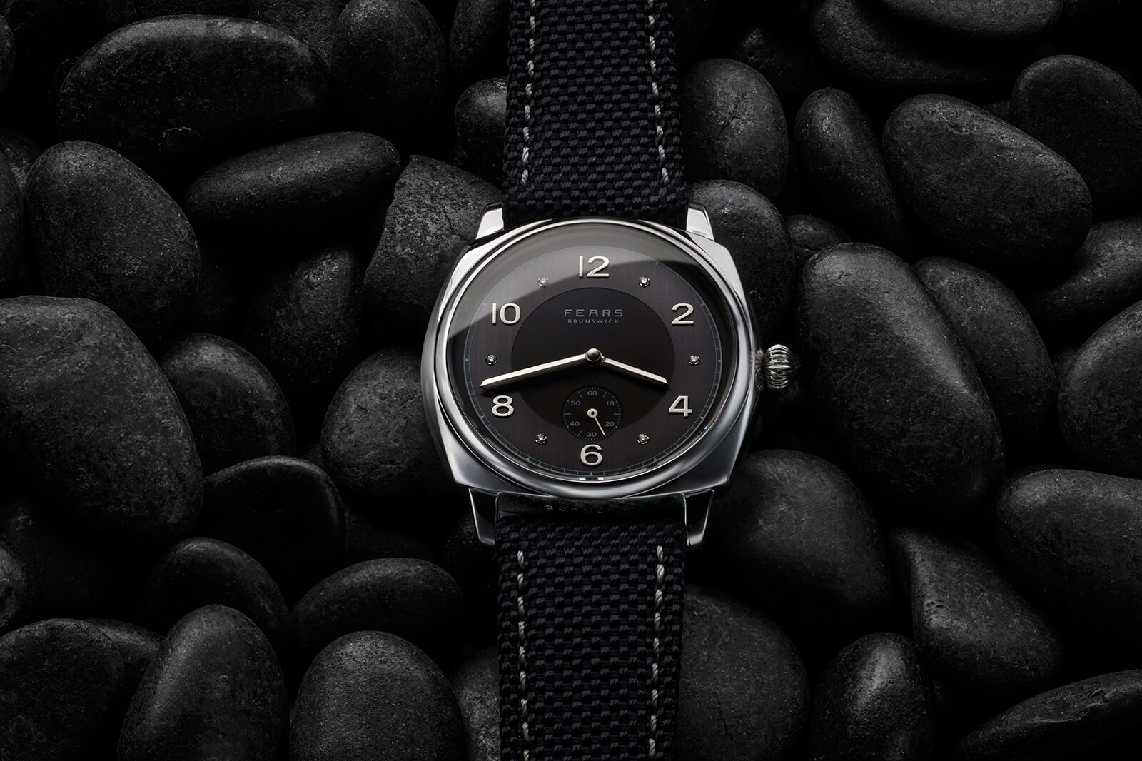 Fears Brunswick PT - Anthracite and Diamond dial on an Obsidian Black Kevlar strap - black stones