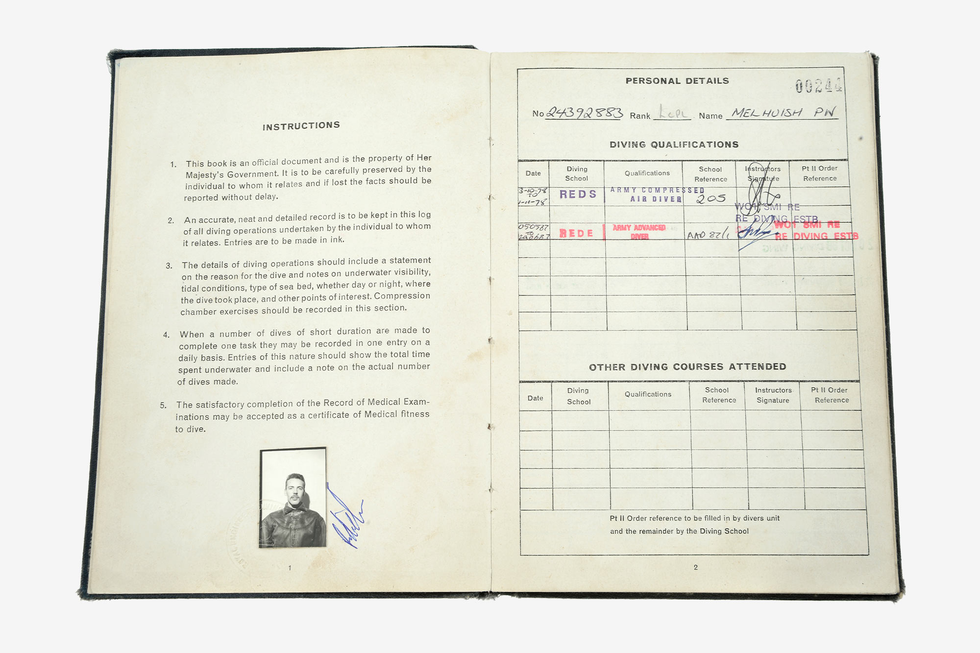 Peter Melhuish diving log book