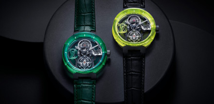 Louis Vuitton Launch Tambour Moon Flying Tourbillon Sapphire Green and Yellow