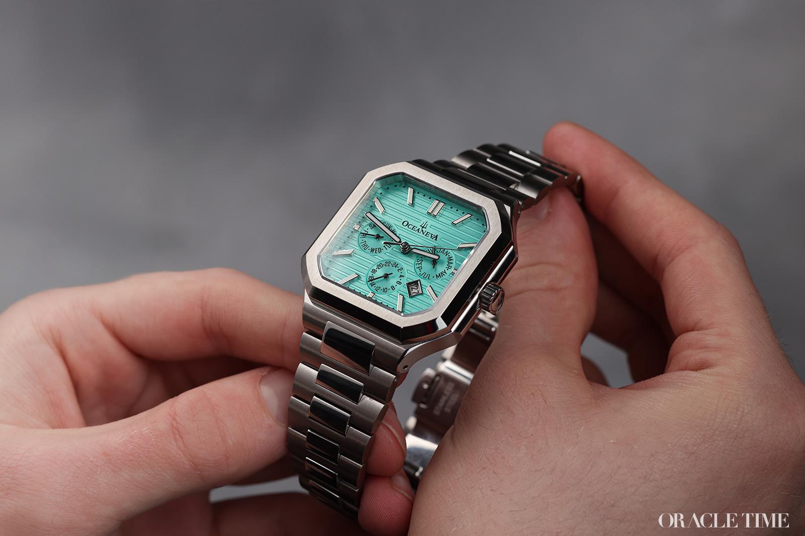 Oceaneva Mens Tenuis Automatic Calendar Thin Watch Teal Dial