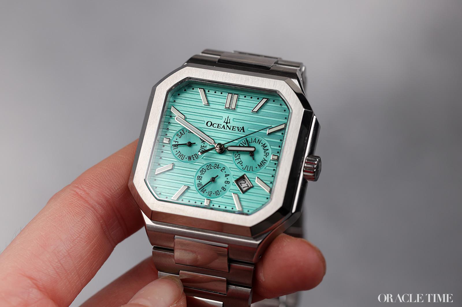 Oceaneva Mens Tenuis Automatic Calendar Thin Watch Teal Dial