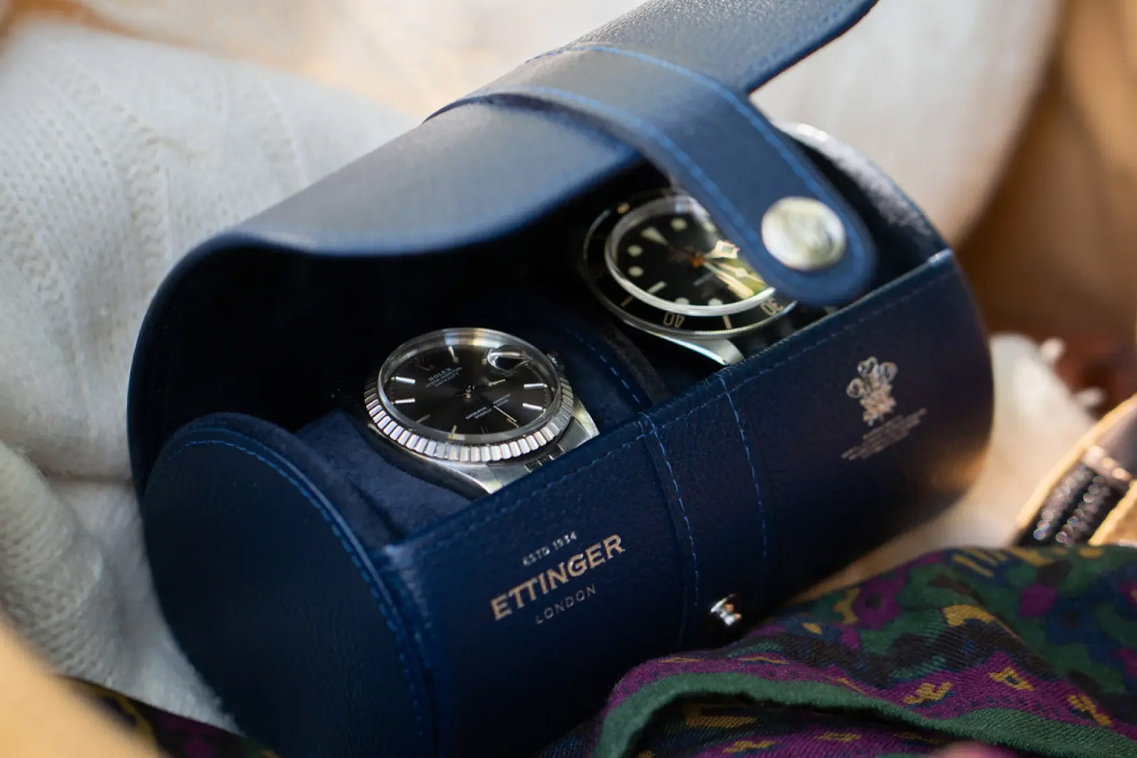 Ettinger Capra Double Watch Roll in Marine Blue
