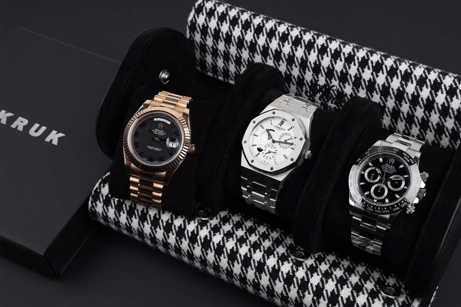 Kruk BlackWhite Pepita with Black Lining 3-Watch Travel & Storage Case
