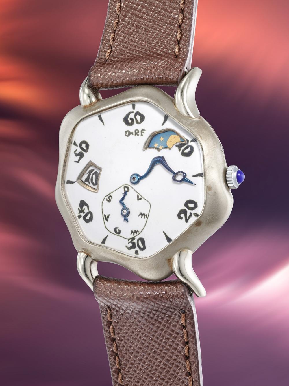 Dino and Roberto Falcone, ref. 2C, 18k white gold, enamel dial, jump hours, day and moonphase wristwatch from c. 1985