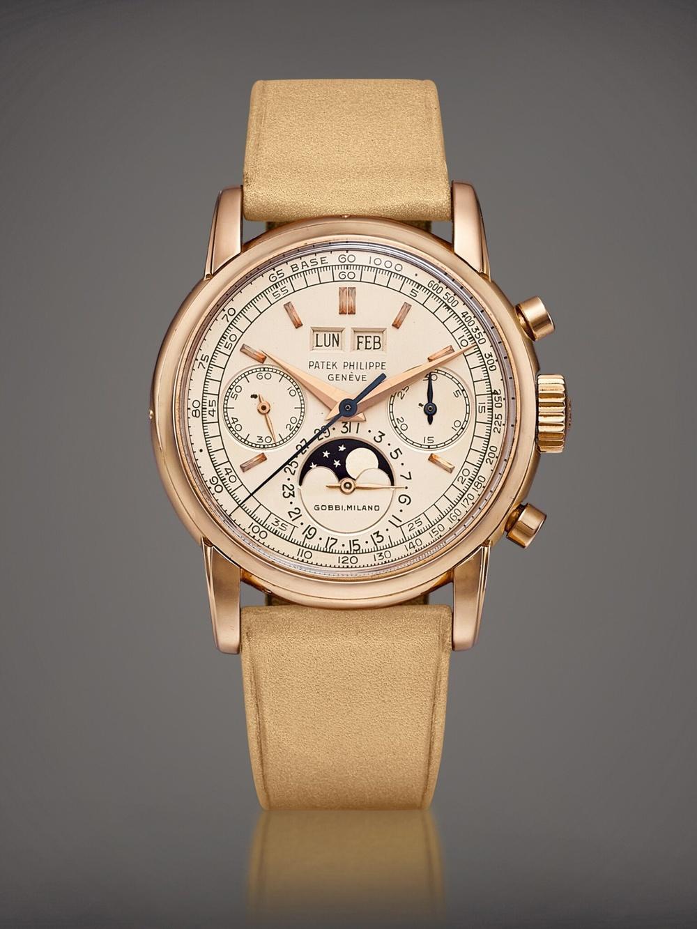 Patek Philippe. Ref. 2499, 2nd Series. 18K pink gold perpetual calendar chronograph. Retailed by Gobbi Milano. c.1957. Photo credit Sotheby’s.