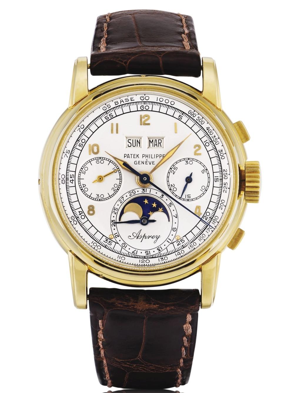 Patek Philippe. Retailed by Asprey. Ref. 2499. 18K Gold Perpetual Calendar Chronograph. c.1952. Photo credit Sotheby’s