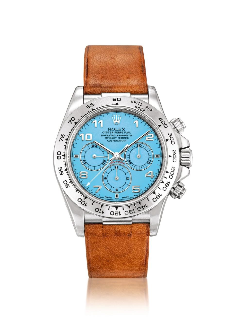 Rolex. Cosmograph Daytona. Ref.16516. With unique turquoise dial. c.1998. Photo credit Sotheby’s.