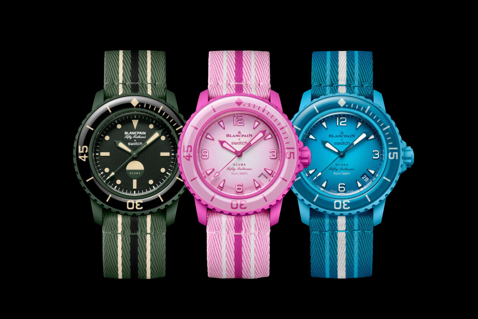 Swatch x Blancpain Scuba Fifty Fathoms Pink Ocean Blue Lagoon Green Abyss