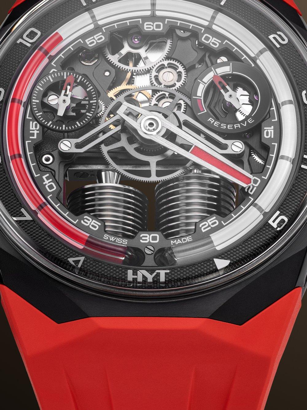 Close-up of the liquid time display on the HYT S1 Titanium DLC Red