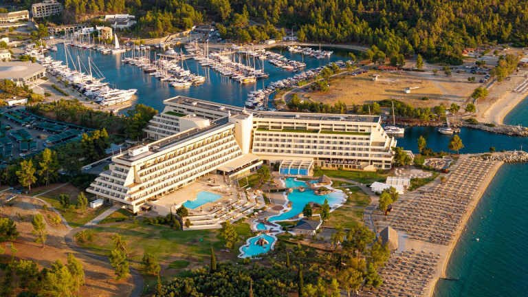 Aerial view of Porto Carras Grand Resort, the Meliton hotel, marina and beach on the Sithonia peninsula, Halkidiki