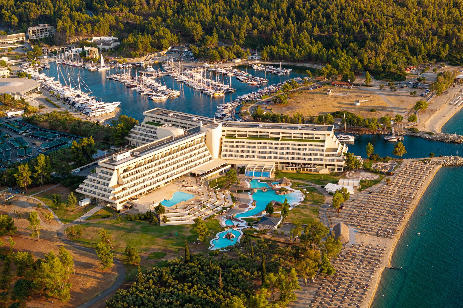 Aerial view of Porto Carras Grand Resort, the Meliton hotel, marina and beach on the Sithonia peninsula, Halkidiki