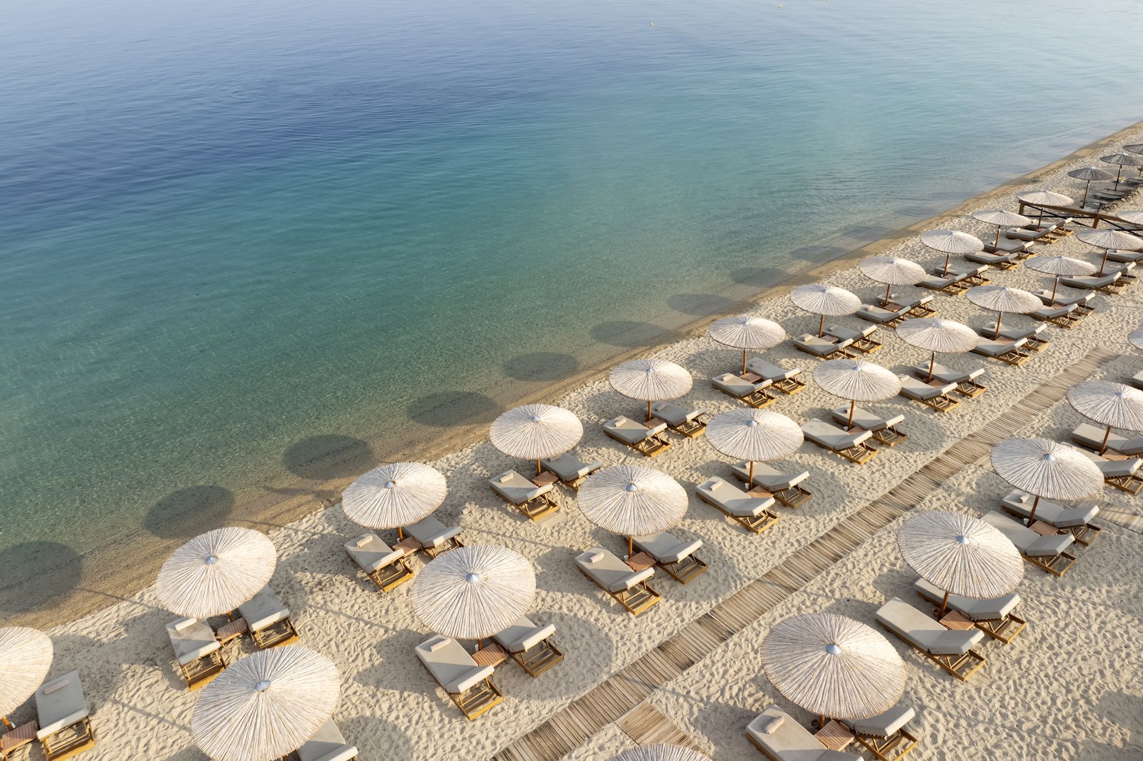 Rows of parasols and sunbeds on the beach at Porto Carras Grand Resort with clear turquoise water