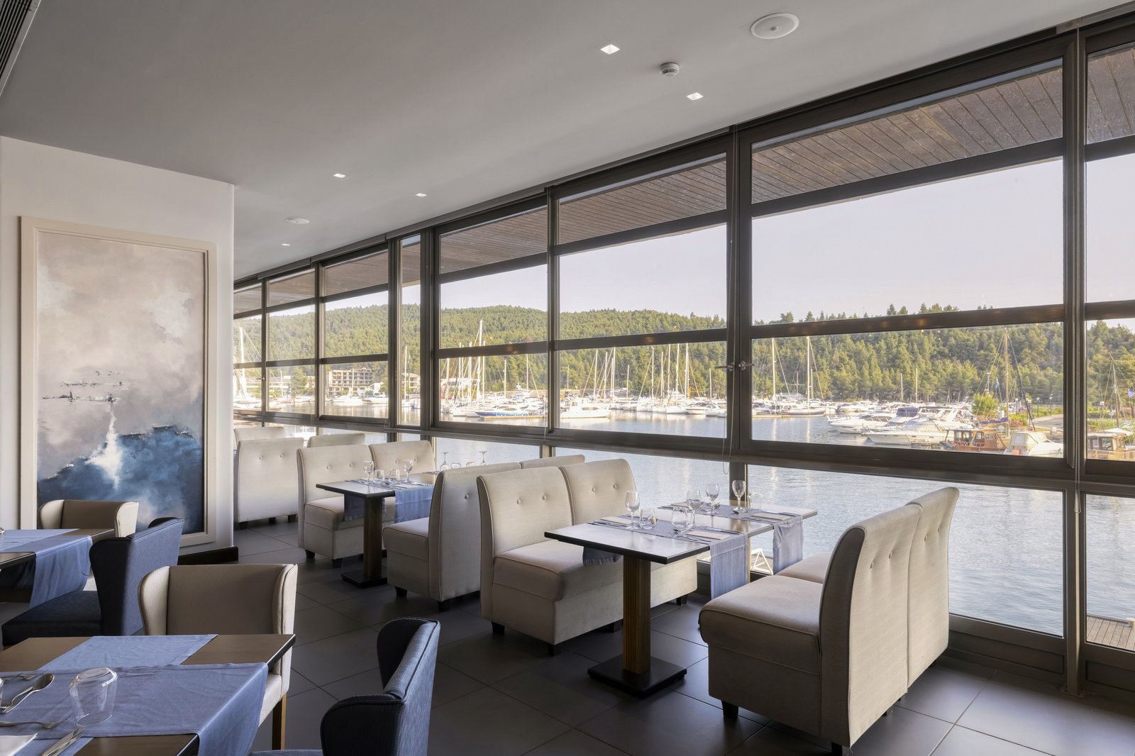 Crystals, the suite-only restaurant at Porto Carras Grand Resort, with views over the marina